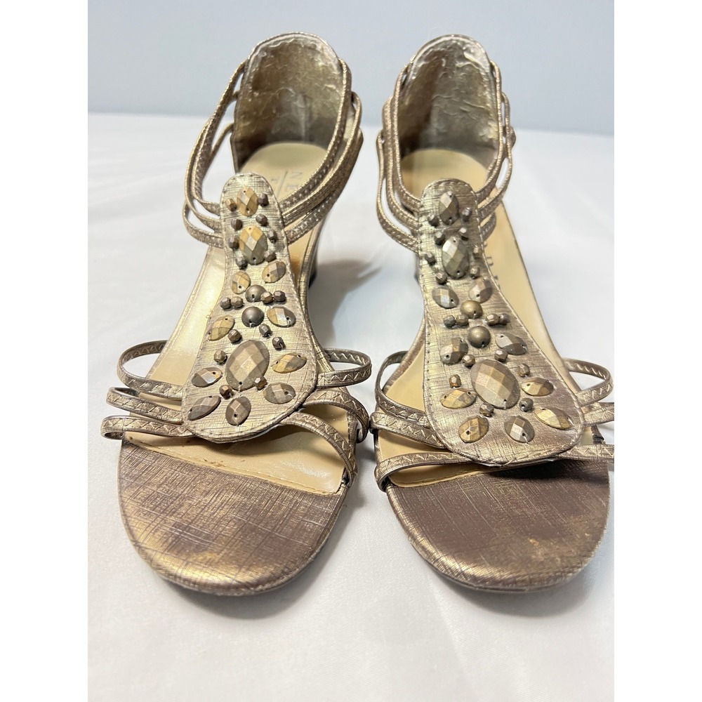 New‎ York Transit Bronze Metallic Jeweled Wedge Sandals Strappy Evening Shoes *6
